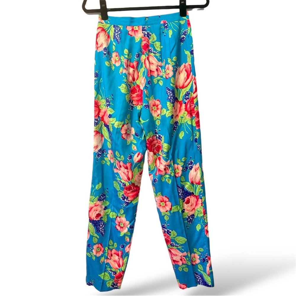 Vintage Adrienne Vittadini 100% Silk Floral Pants Size 6 Turquoise Blue Pleated - Picture 2 of 9